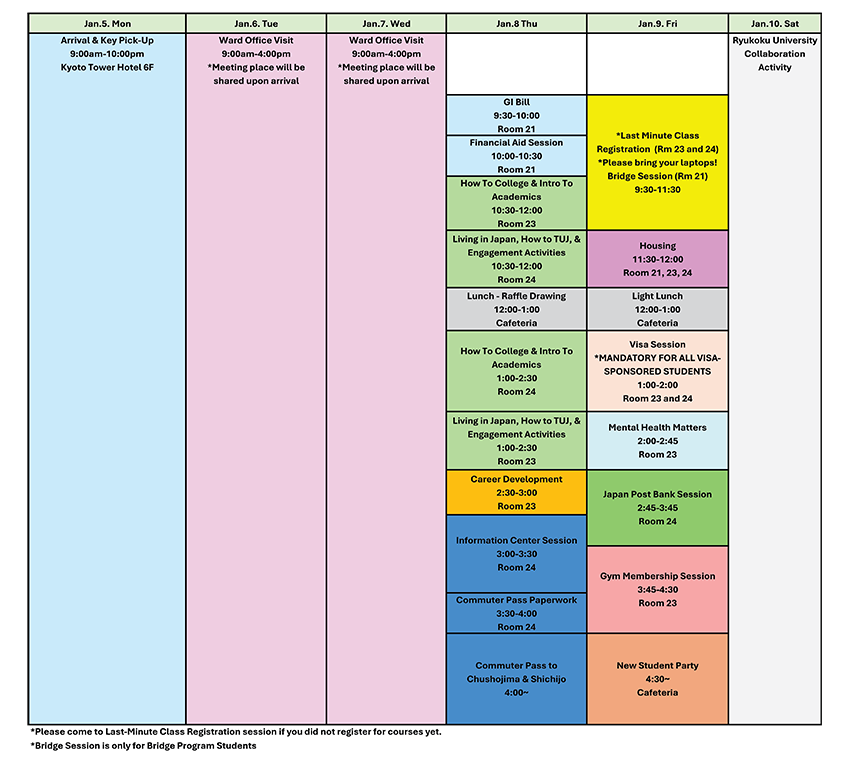 Spring 2026 - New Students Welcome Week Schedule (TUJ Kyoto)